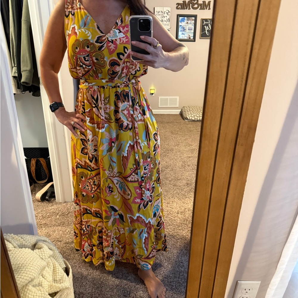 LOFT Yellow Wrap Tie Front Maxi Dress